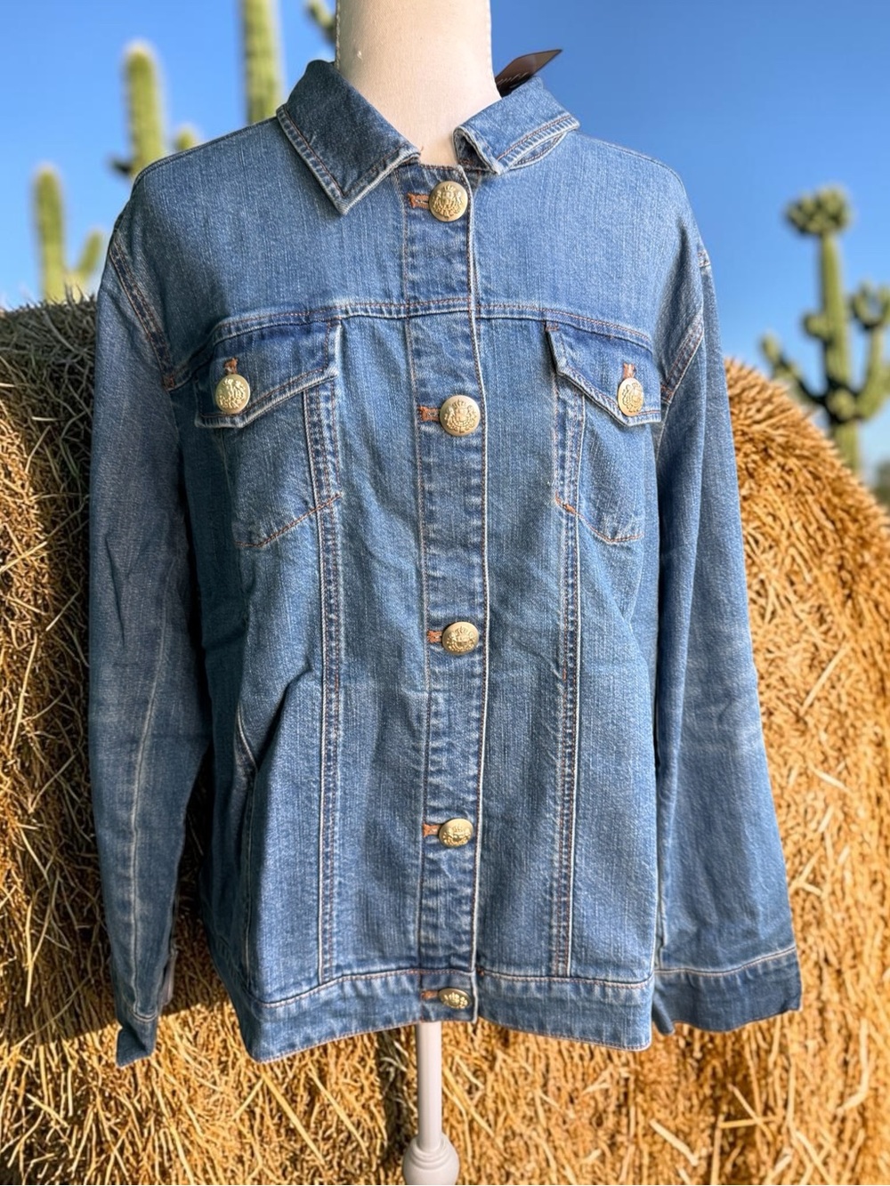 J. Jill Blue Denim Jacket with Gold Buttons Sz XL
